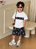 White Stylish Panel T-shirt With Short Printed Set