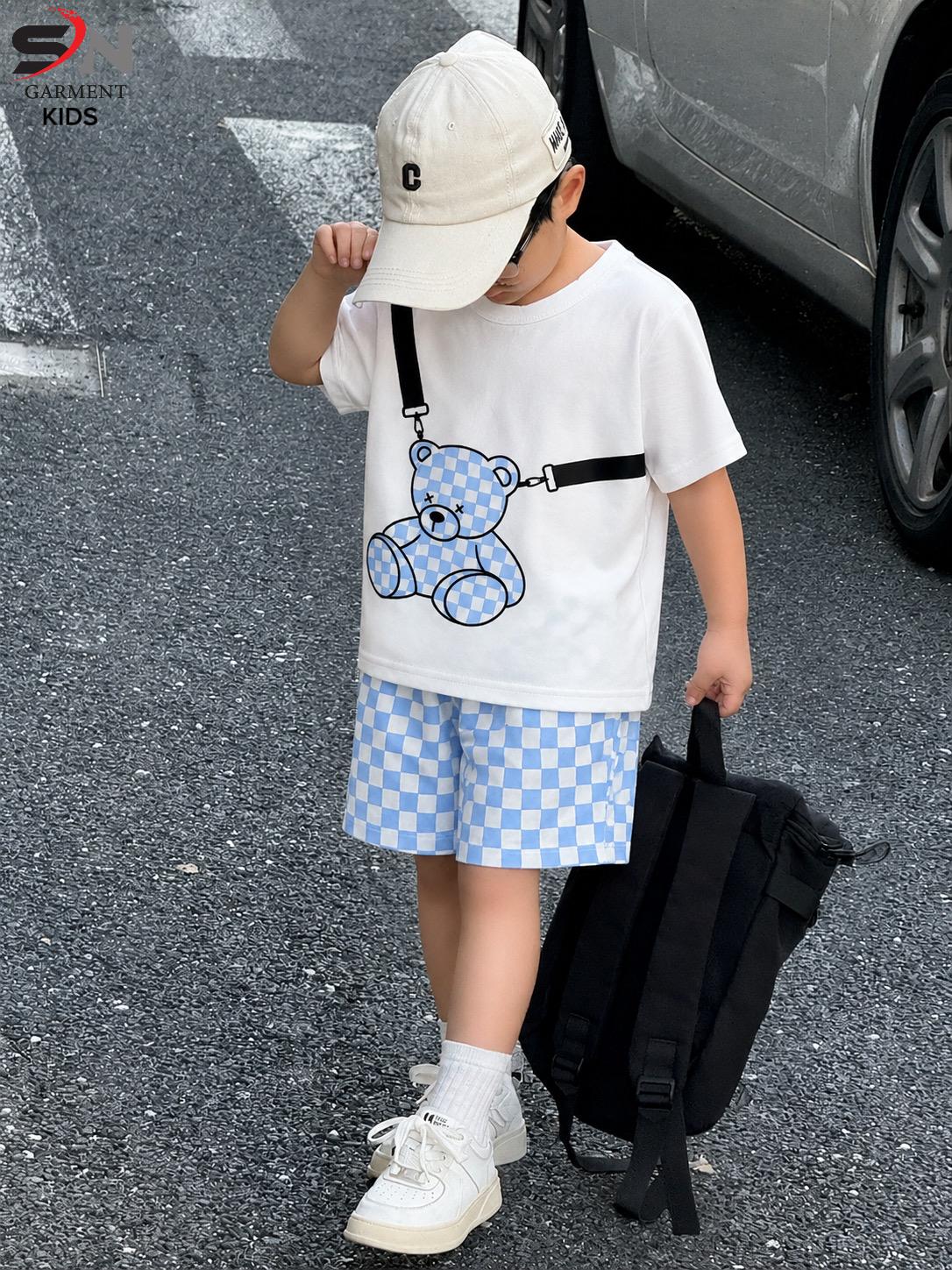 White Blue Pocket Style T-shirt With Short Printed Set