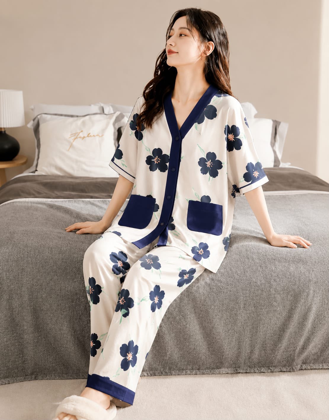 Navy Blossom Printed Button Pjs