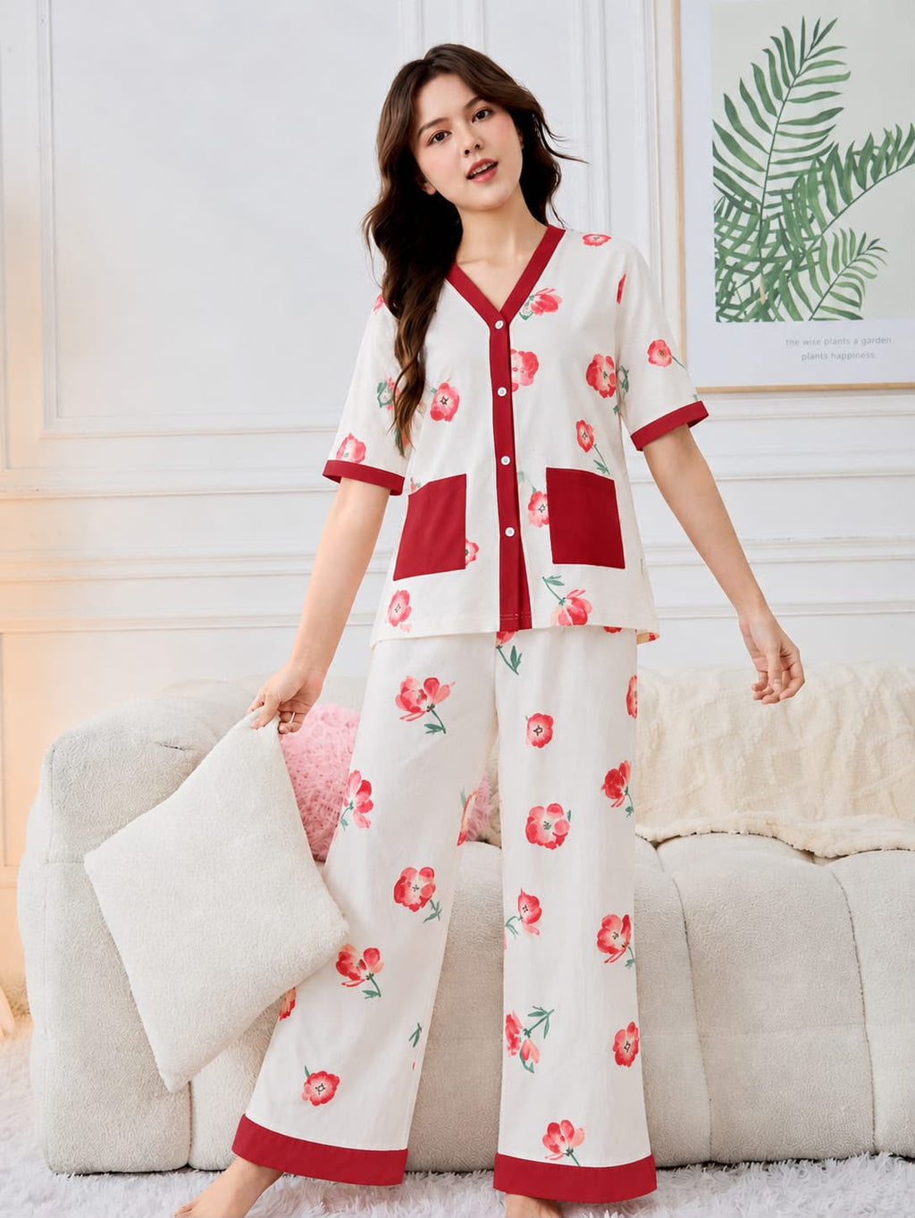 Ruby Blossom Printed Button Pjs