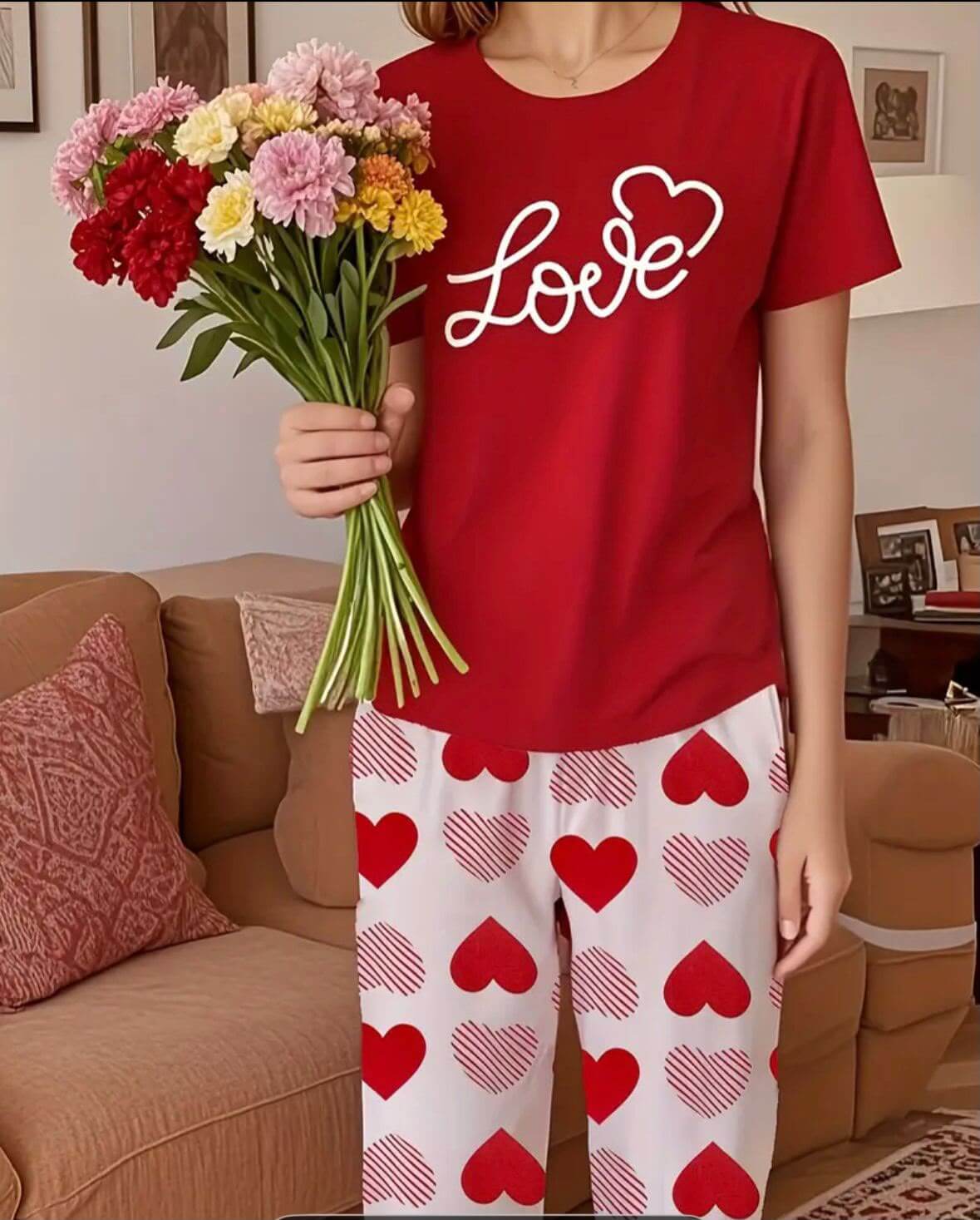 Red Love Heart Printed Pajama Set
