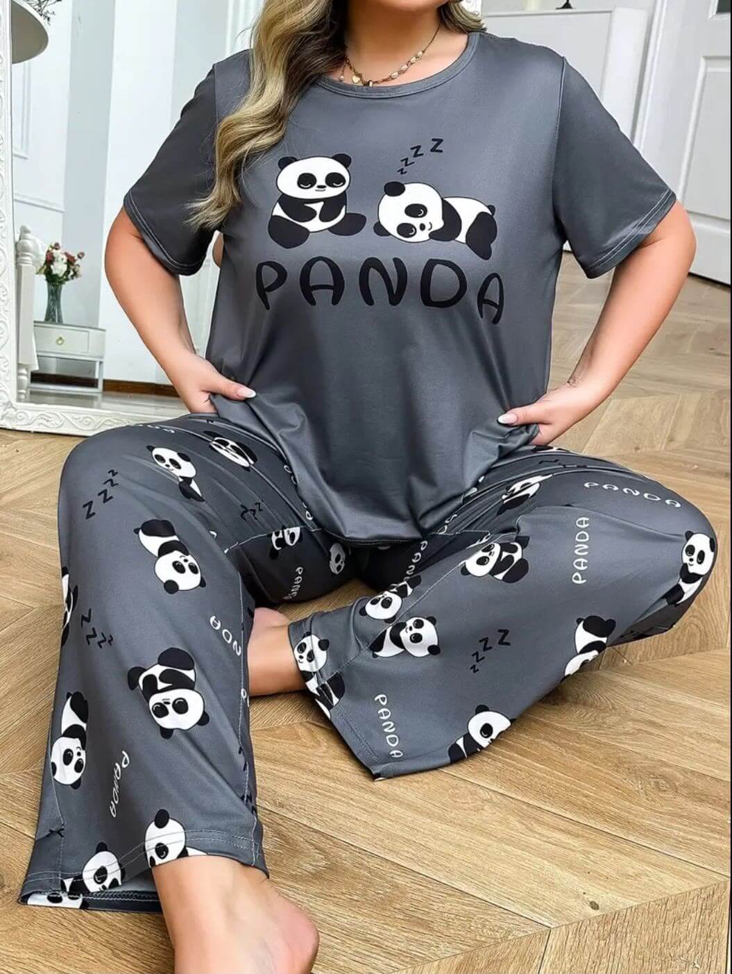 Grey Panda Print Pajama Set