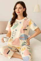Cream Bear Action Print Pajama Set