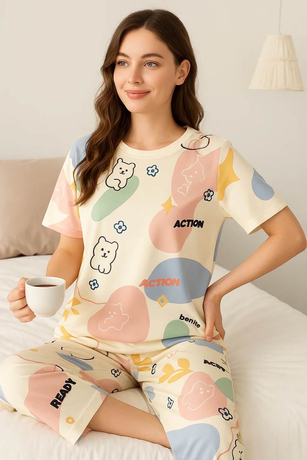 Cream Bear Action Print Pajama Set