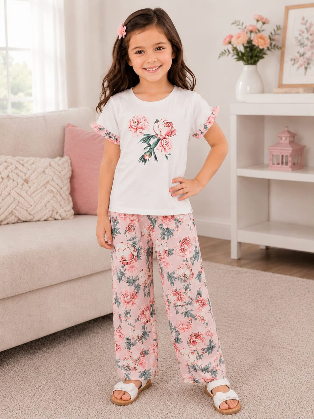 White Flower Tshirt With Trouser Printed Kids Night Suit