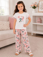 White Flower Tshirt With Trouser Printed Kids Night Suit