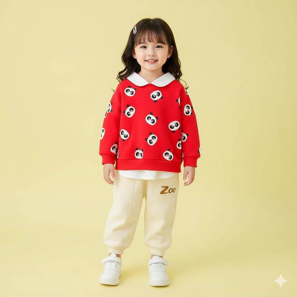 Panda Print Fleece Set (Red/Cream)