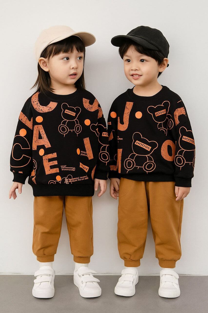 Hooos Bear Print Fleece Co-ord Set (Black/Camel)