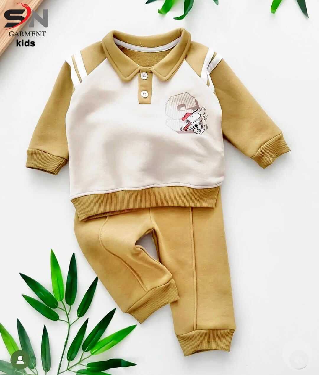 Brown Button with Collar Winter Fleece Kids Track Suits