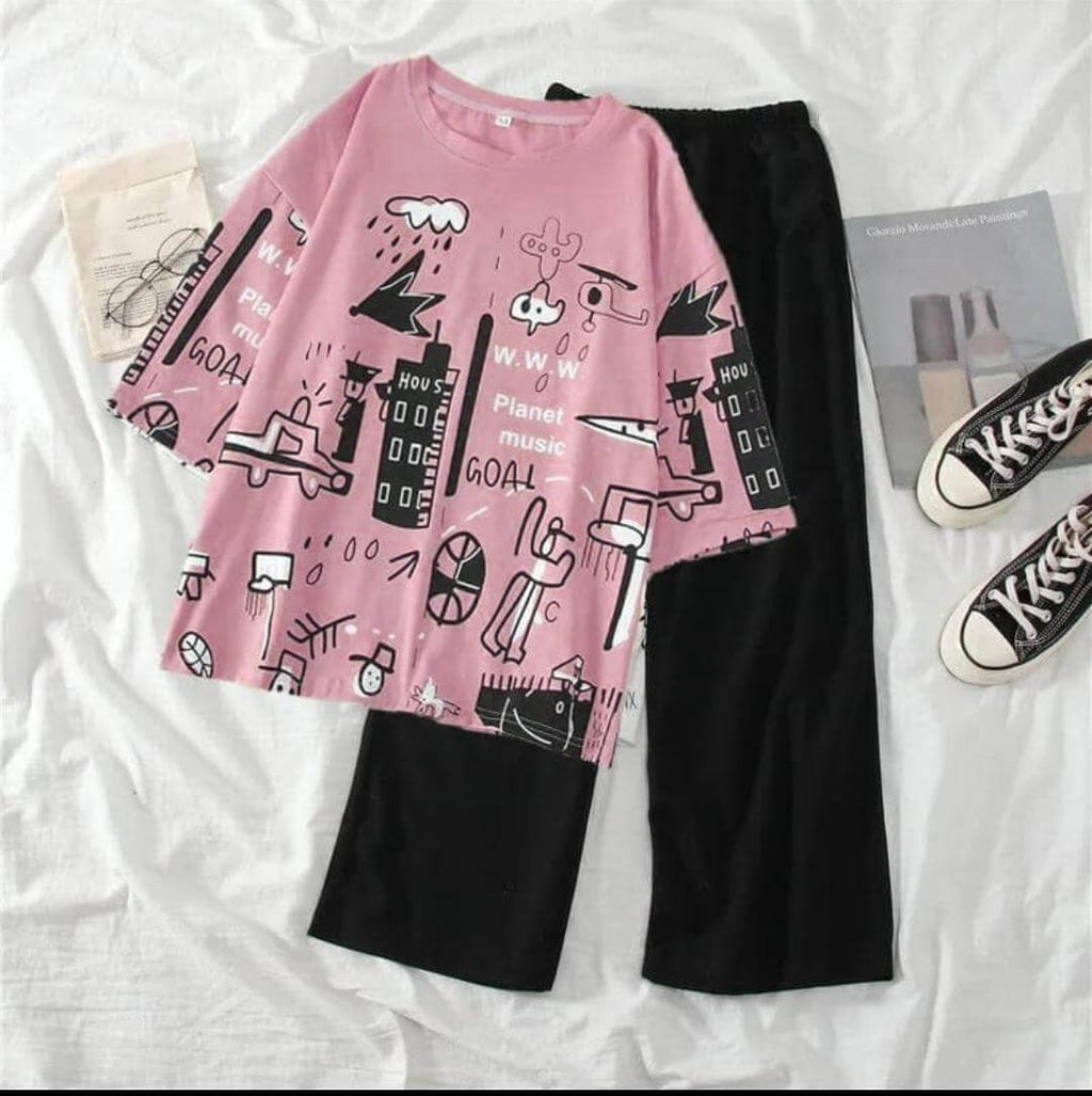 4 colors planet printed baggy  style night suit cotton jarsy fabric