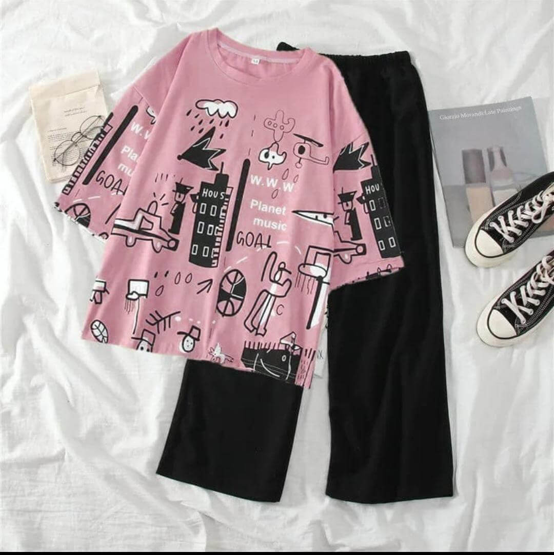 4 colors planet printed baggy  style night suit cotton jarsy fabric