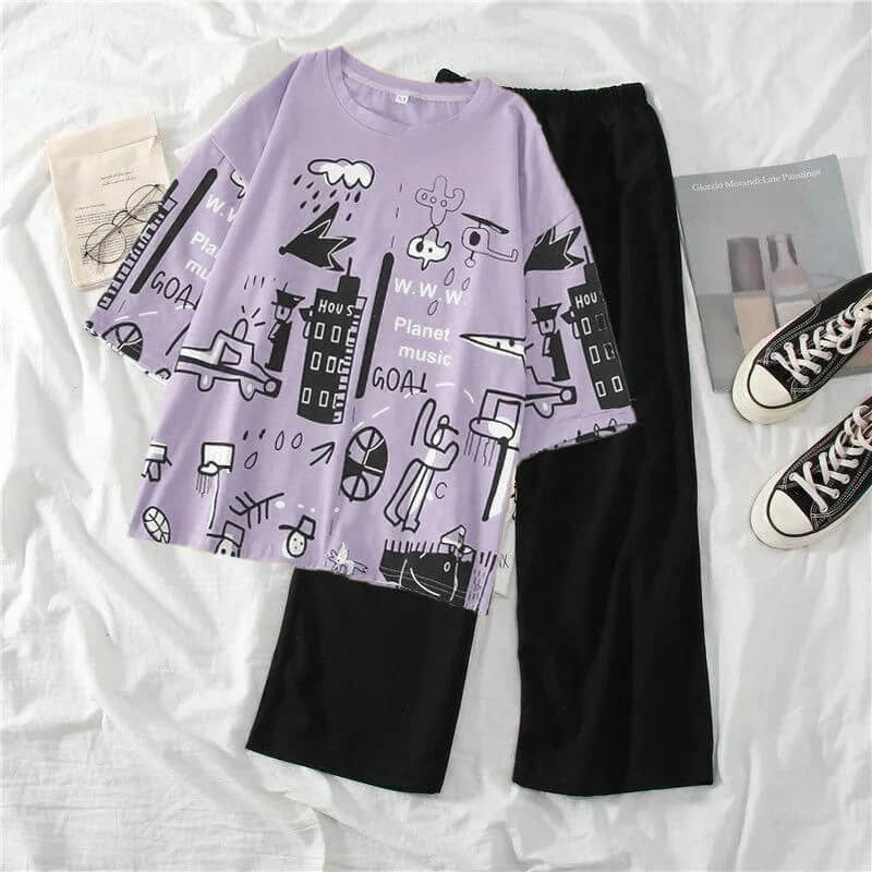 4 colors planet printed baggy  style night suit cotton jarsy fabric