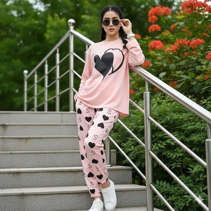 pink heart printed night suit in premium fabric cotton jarsy