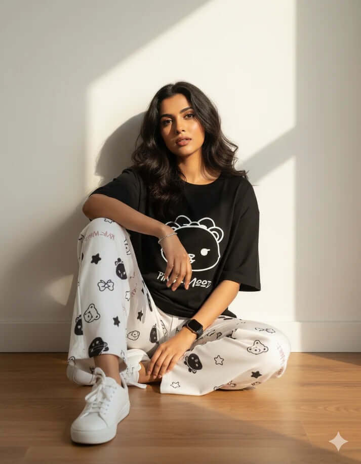 BLACK SMILE DESIGN NIGHT DRESS IN COTTON FABRIC