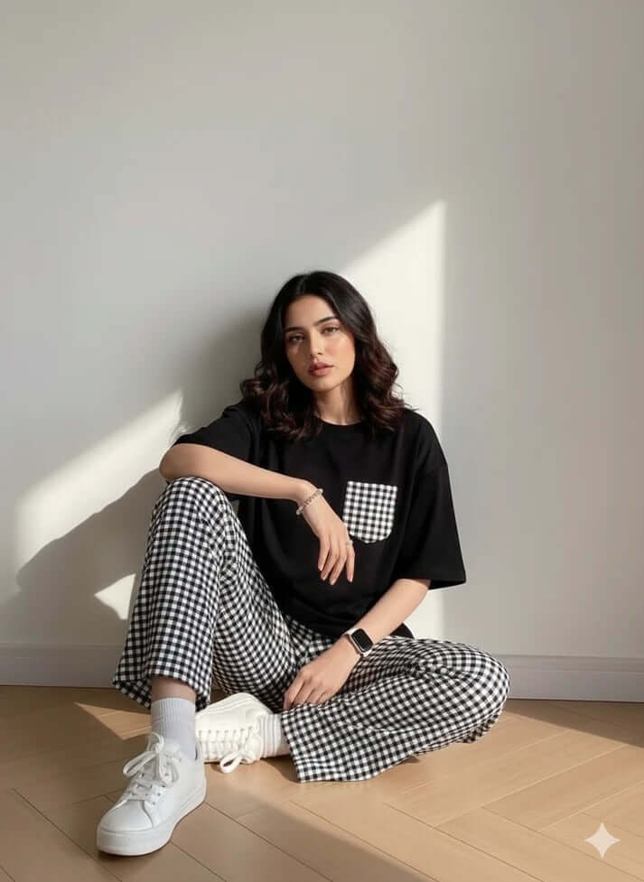 BLACK POCKET DESIGN NIGHT DRESS IN COTTON FABRIC