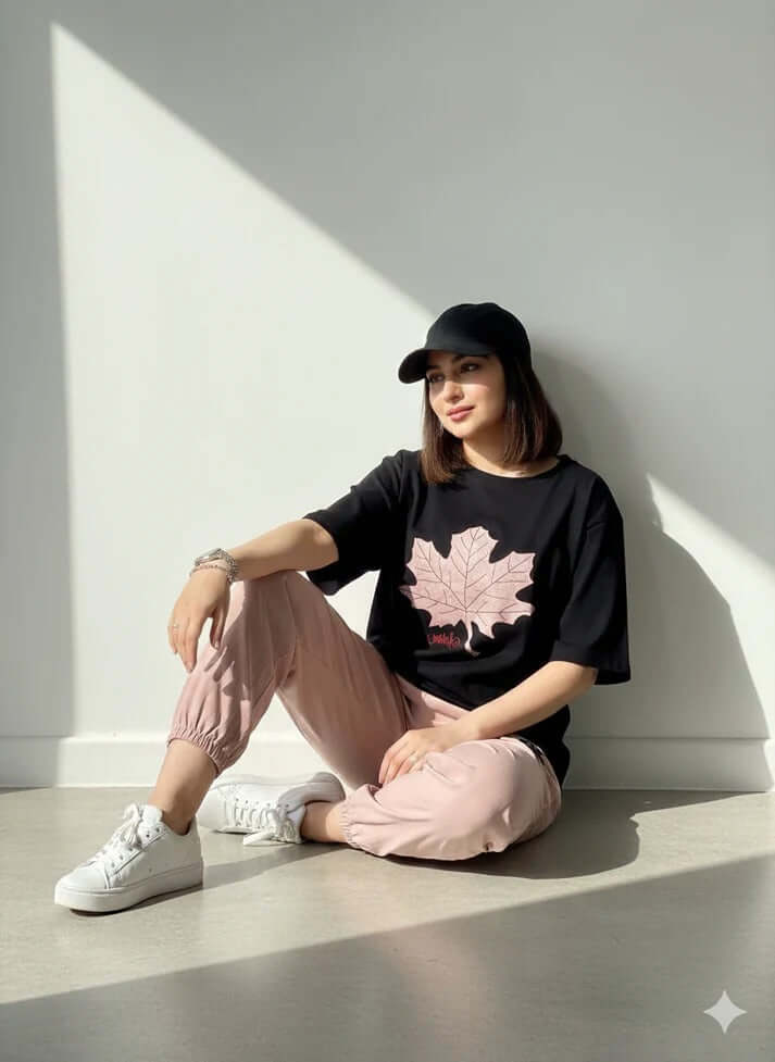 BLACK AND PINK LEAF DESIGN  NIGHTSUIT FABRIC  COTTON JARSY