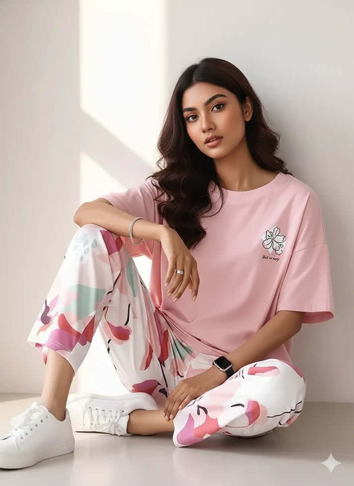 PINK WHITE FLOWER DESIGN NIGHT DRESS IN COTTON FABRIC
