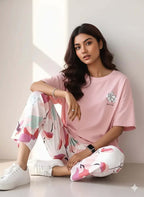 PINK WHITE FLOWER DESIGN NIGHT DRESS IN COTTON FABRIC