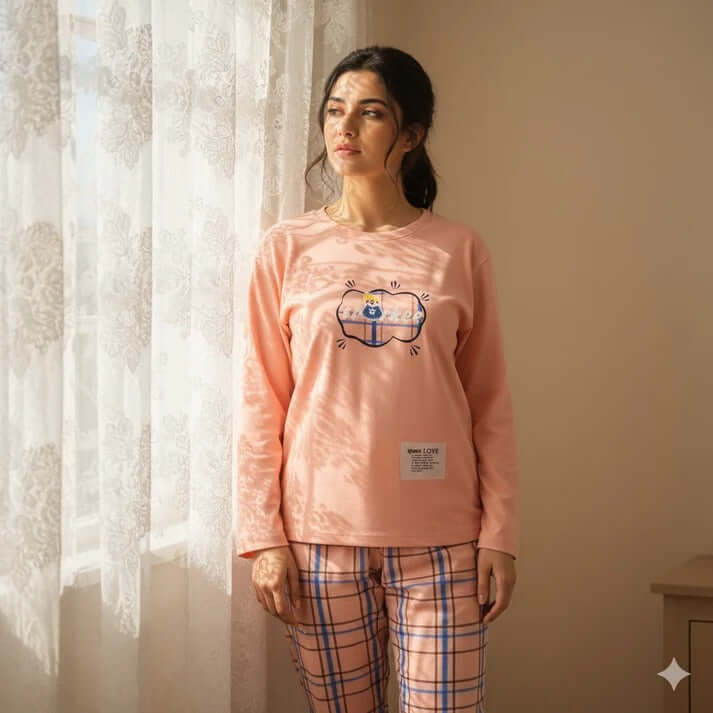 pink full sleeves printed design night suit fabric cotton jarsy