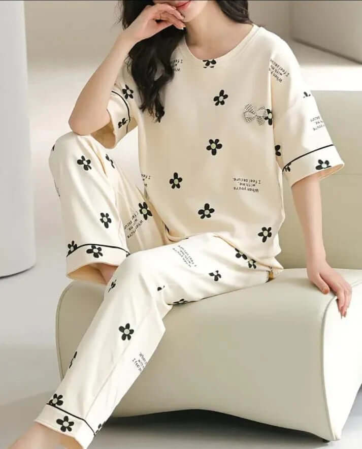 white  flower  design night suit premium fabric for girls and woman