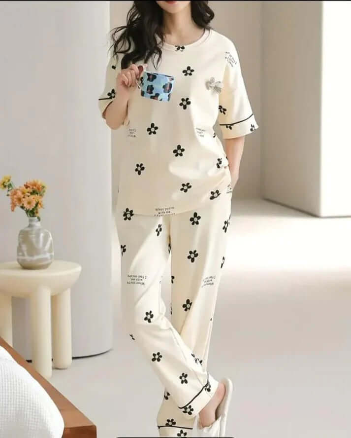 white  flower  design night suit premium fabric for girls and woman