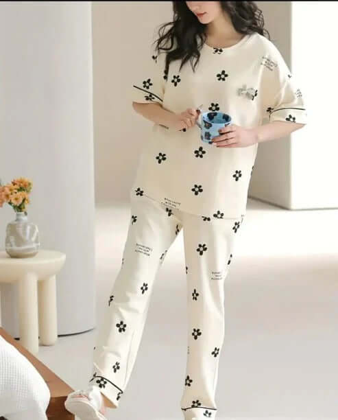 white  flower  design night suit premium fabric for girls and woman