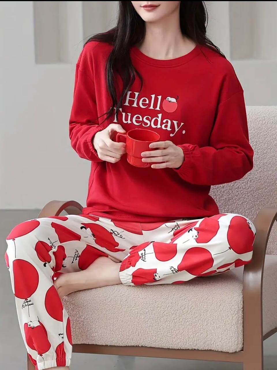 red full sleeves design night suit premium fabric for girls and woman