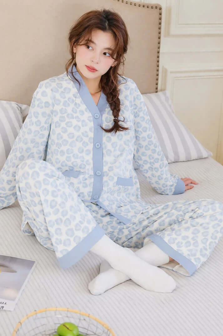 Off white with Red Rose Flowers Printed Button Style Pj Set