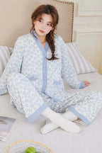 Sky Blue V-Neck Button Printed Pj Set For Her