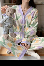 Ofwhite with Lilac Pipin Big Flower V-Neck Button Printed Pj Set For Her