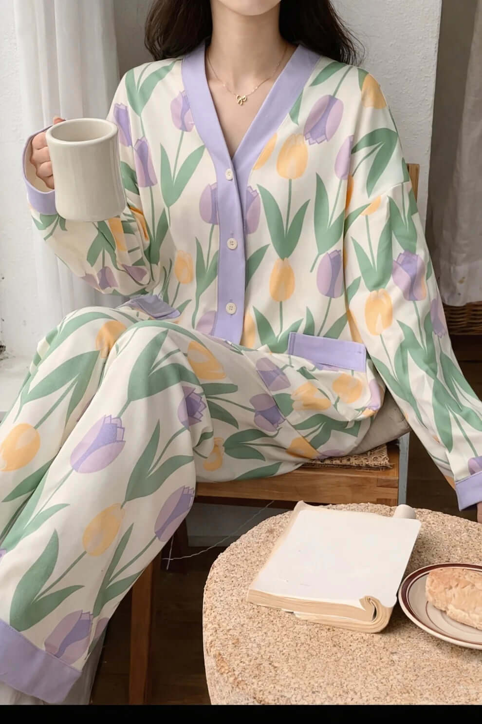 Ofwhite with Lilac Pipin Big Flower V-Neck Button Printed Pj Set For Her