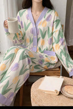 Ofwhite with Lilac Pipin Big Flower V-Neck Button Printed Pj Set For Her
