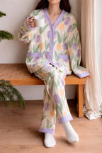 Ofwhite with Lilac Pipin Big Flower V-Neck Button Printed Pj Set For Her