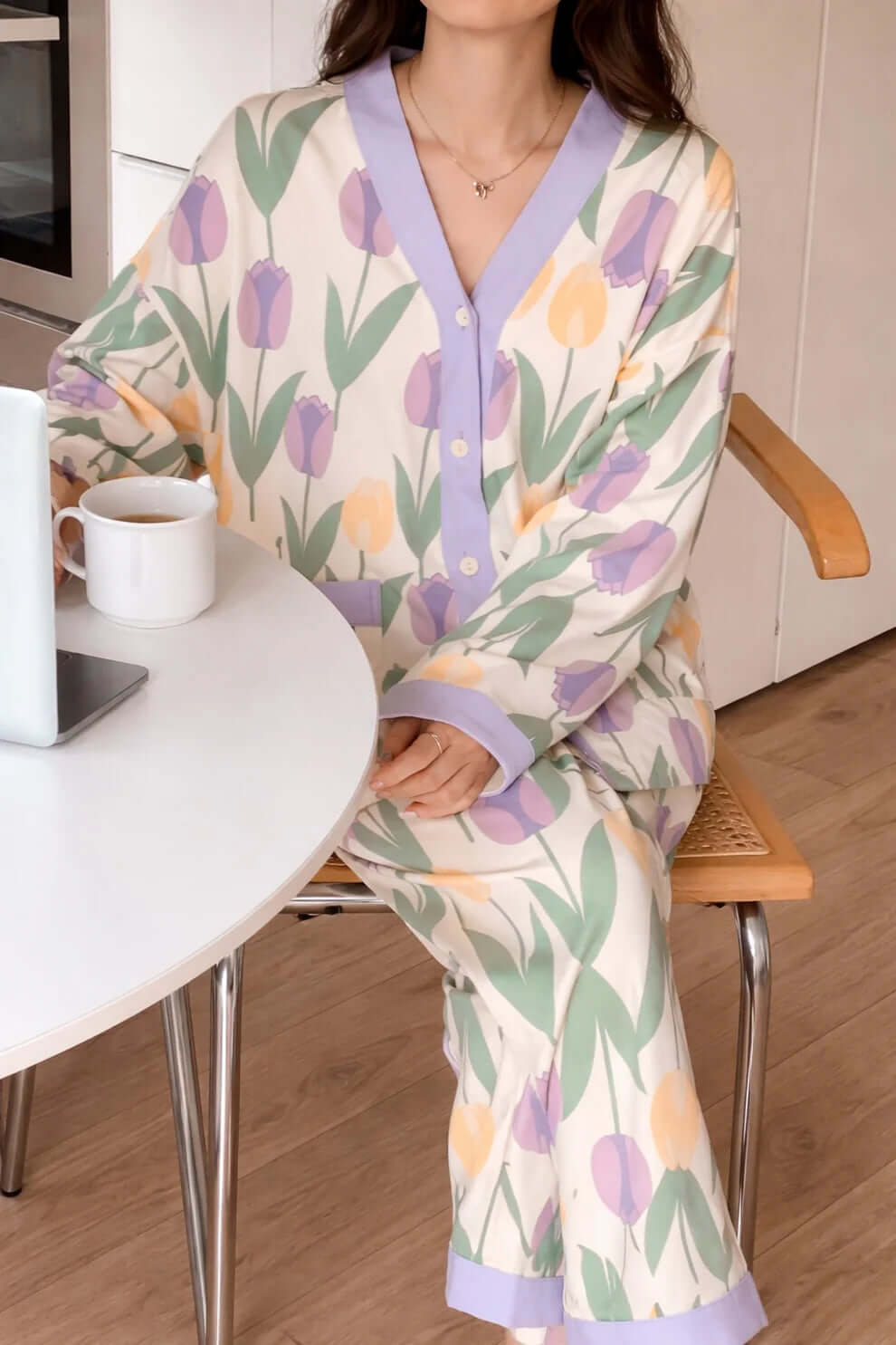 Ofwhite with Lilac Pipin Big Flower V-Neck Button Printed Pj Set For Her