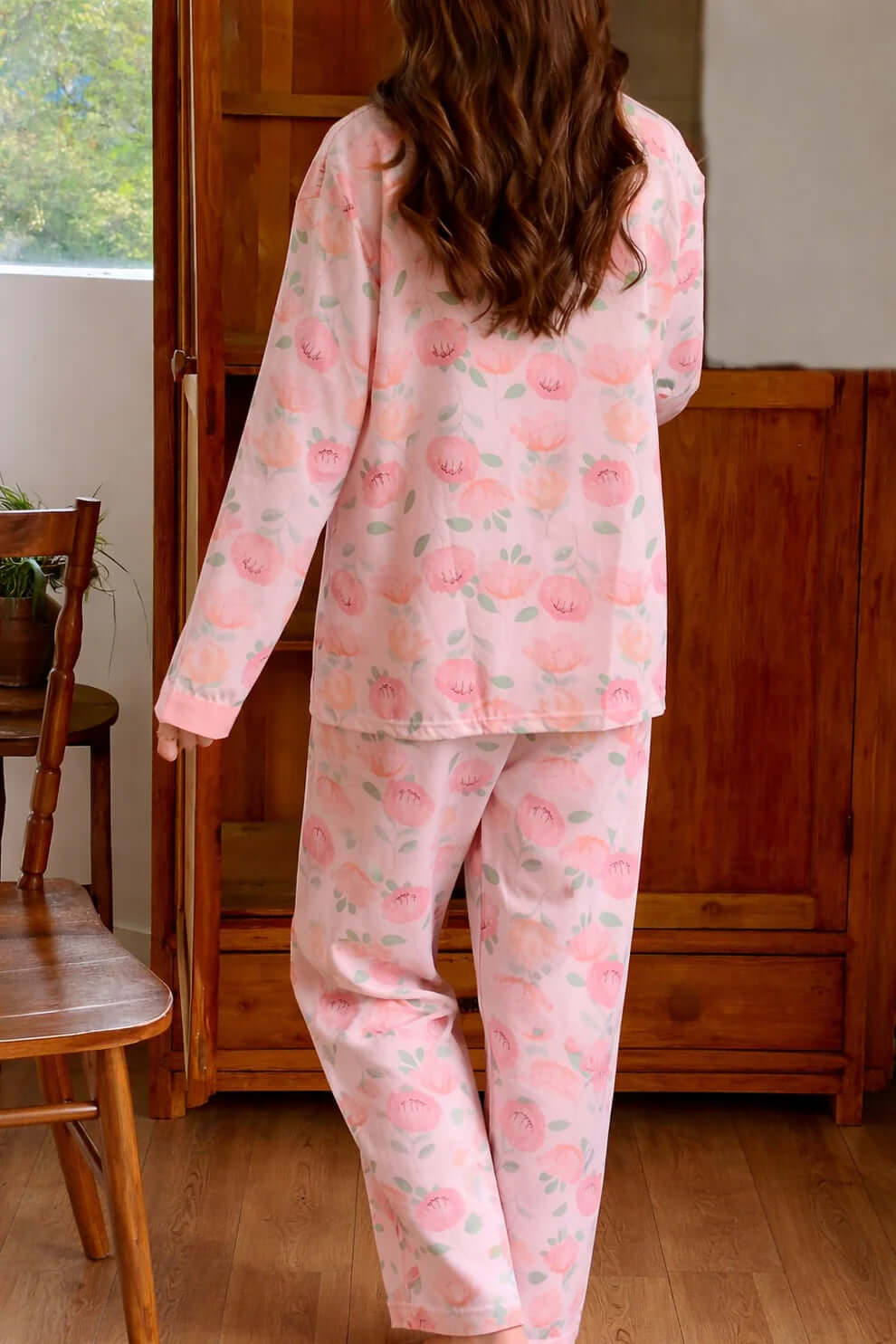 Pink All Over Roses V-Neck Button Printed Pj Set For Her