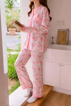Pink All Over Roses V-Neck Button Printed Pj Set For Her