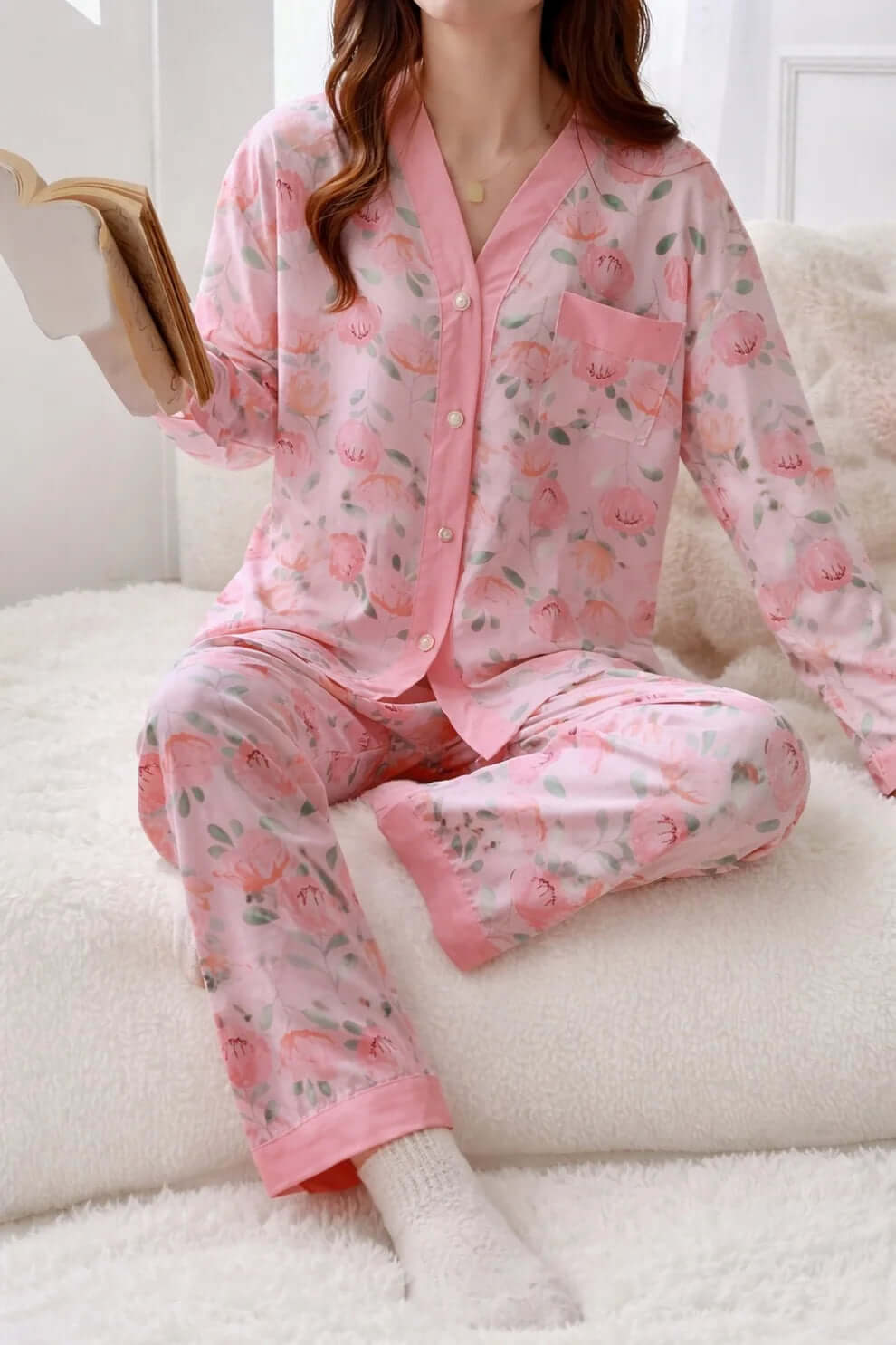 Pink All Over Roses V-Neck Button Printed Pj Set For Her