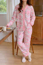 Pink All Over Roses V-Neck Button Printed Pj Set For Her