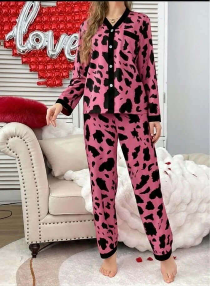 Sweet Heart And Stripe Printed Button Pjs For Her