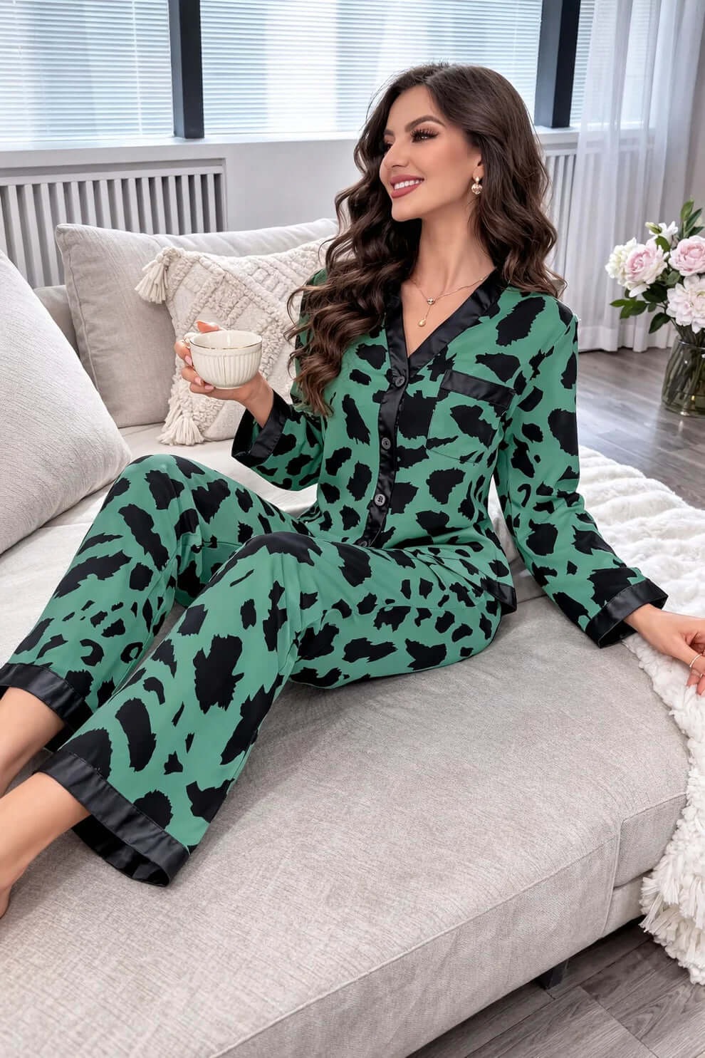 Green with Cheetah V-Neck Button Printed Pj Set For Her