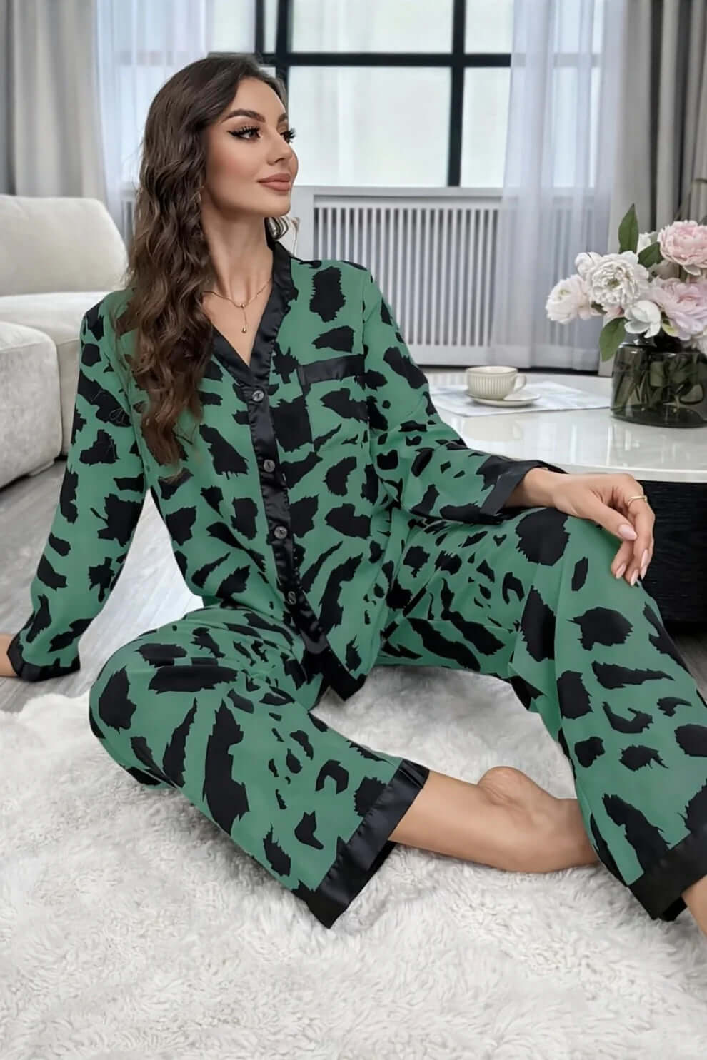 Green with Cheetah V-Neck Button Printed Pj Set For Her