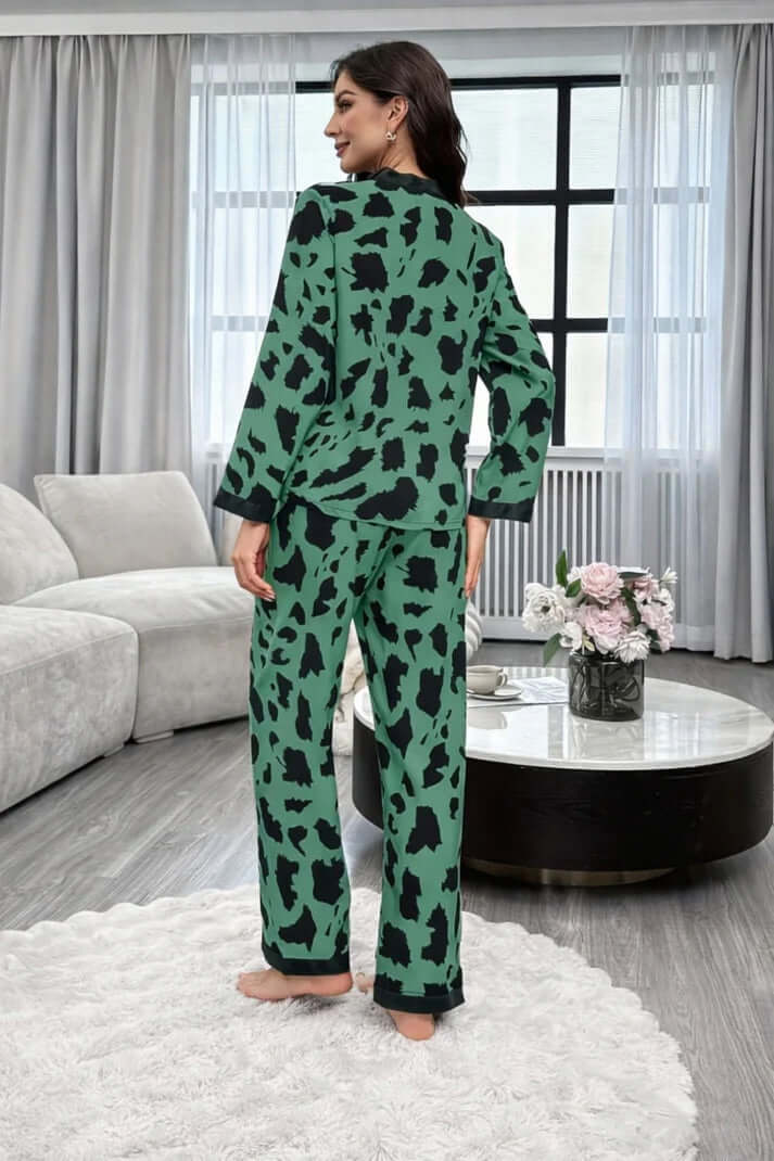 Green with Cheetah V-Neck Button Printed Pj Set For Her