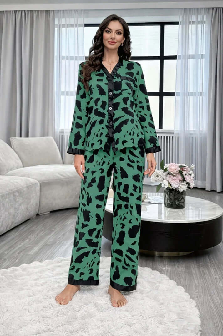 Green with Cheetah V-Neck Button Printed Pj Set For Her