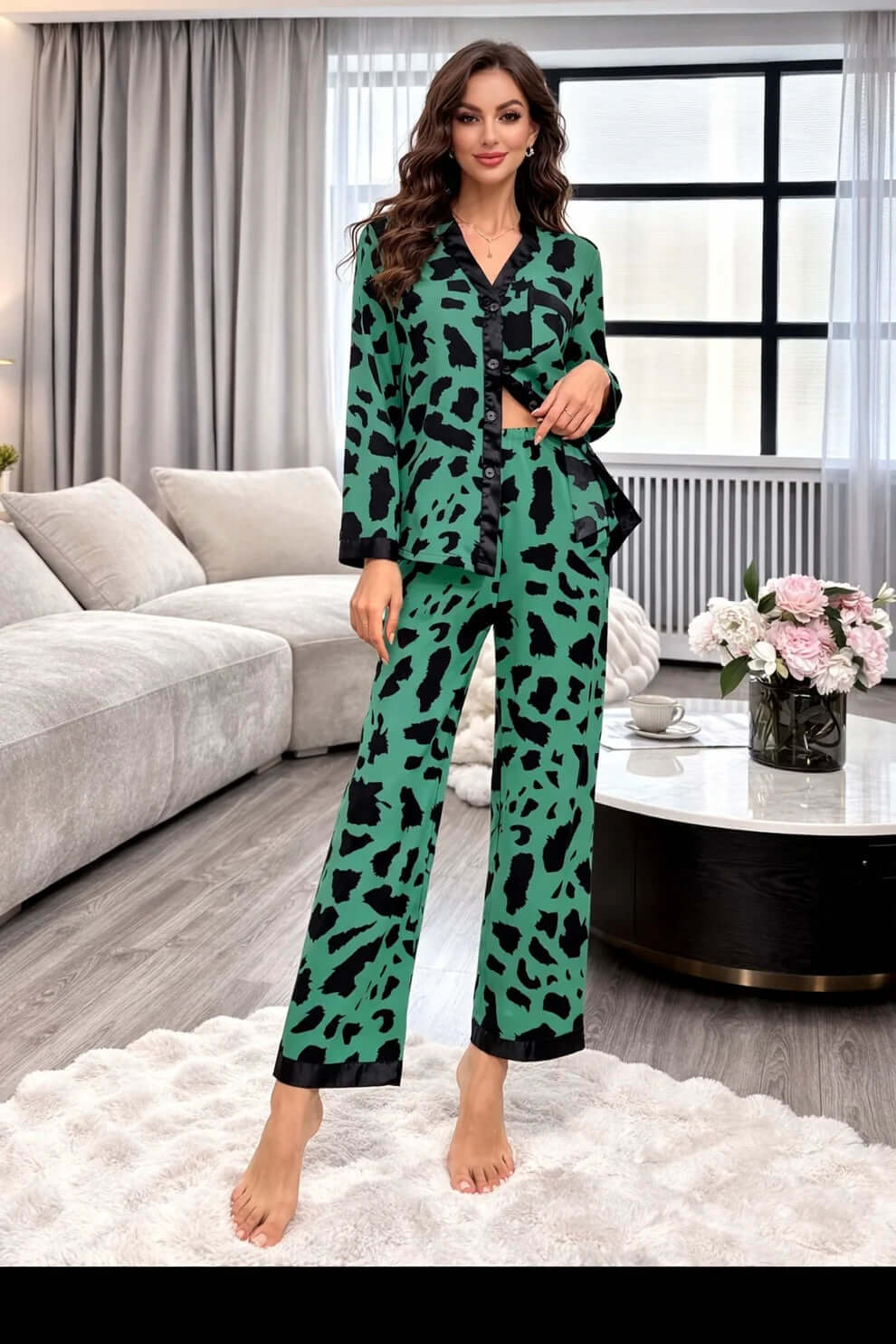 Green with Cheetah V-Neck Button Printed Pj Set For Her