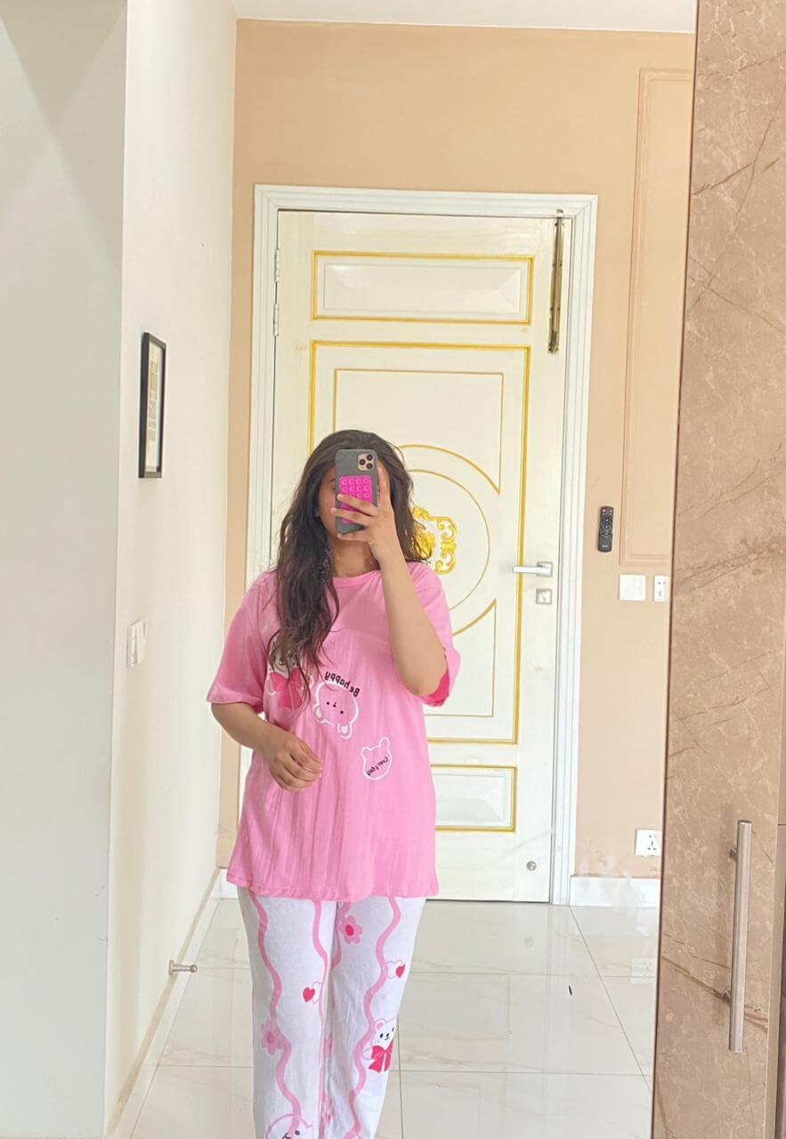 pink happy bear design night suit premium fabric for girls and woman