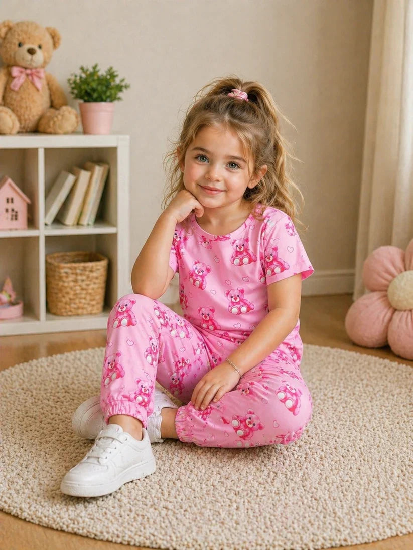 Baby Pink All Over Bears Printed Half Sleeves Kids Suit