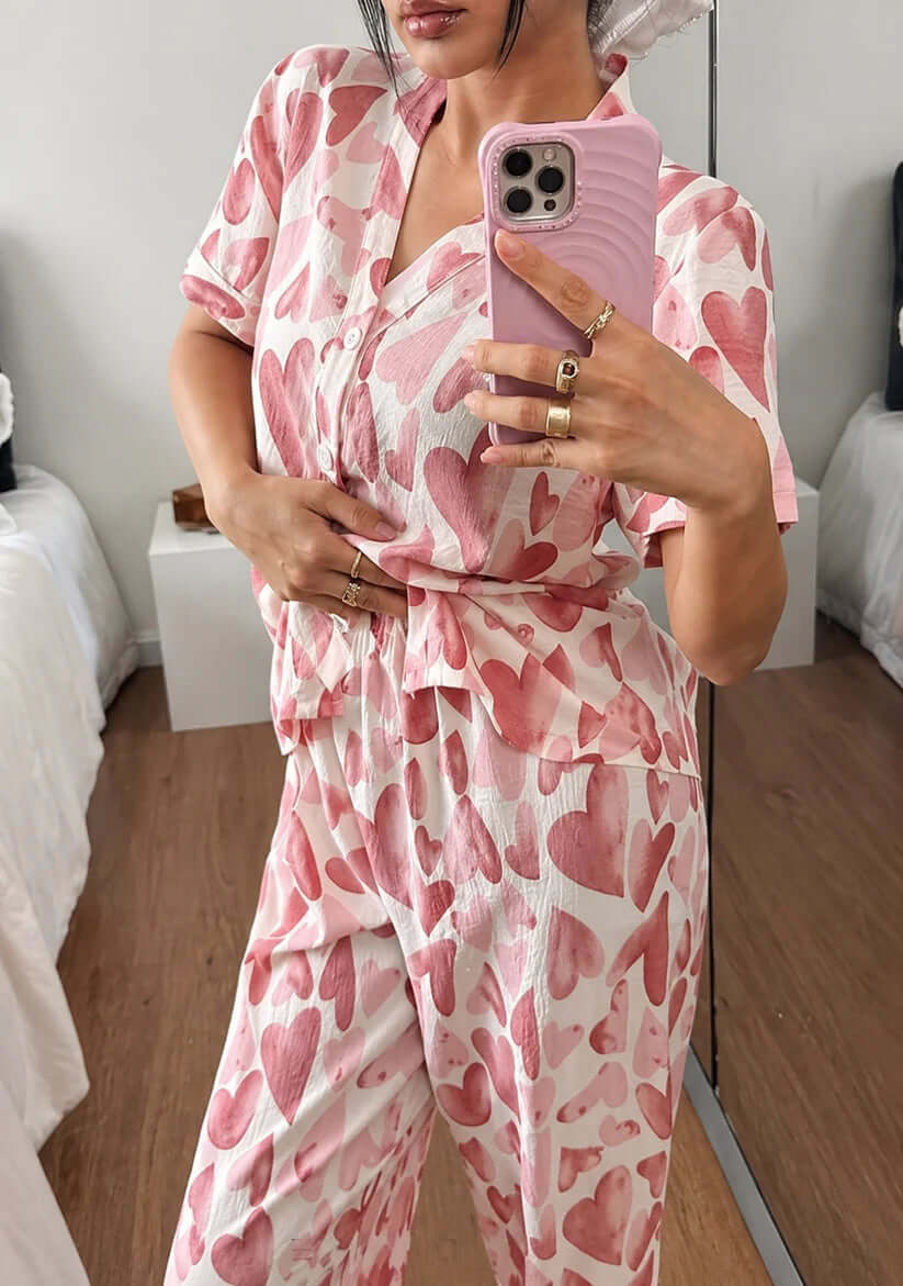 Pink Hearts Printed Half Sleeves V-Neck Button PJ Set For Her