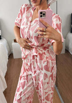 Pink Hearts Printed Half Sleeves V-Neck Button PJ Set For Her