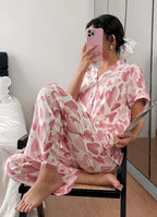Off white Big Apples Printed Button V-Neck Half Sleeves PJ Set
