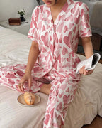 Off white Big Apples Printed Button V-Neck Half Sleeves PJ Set